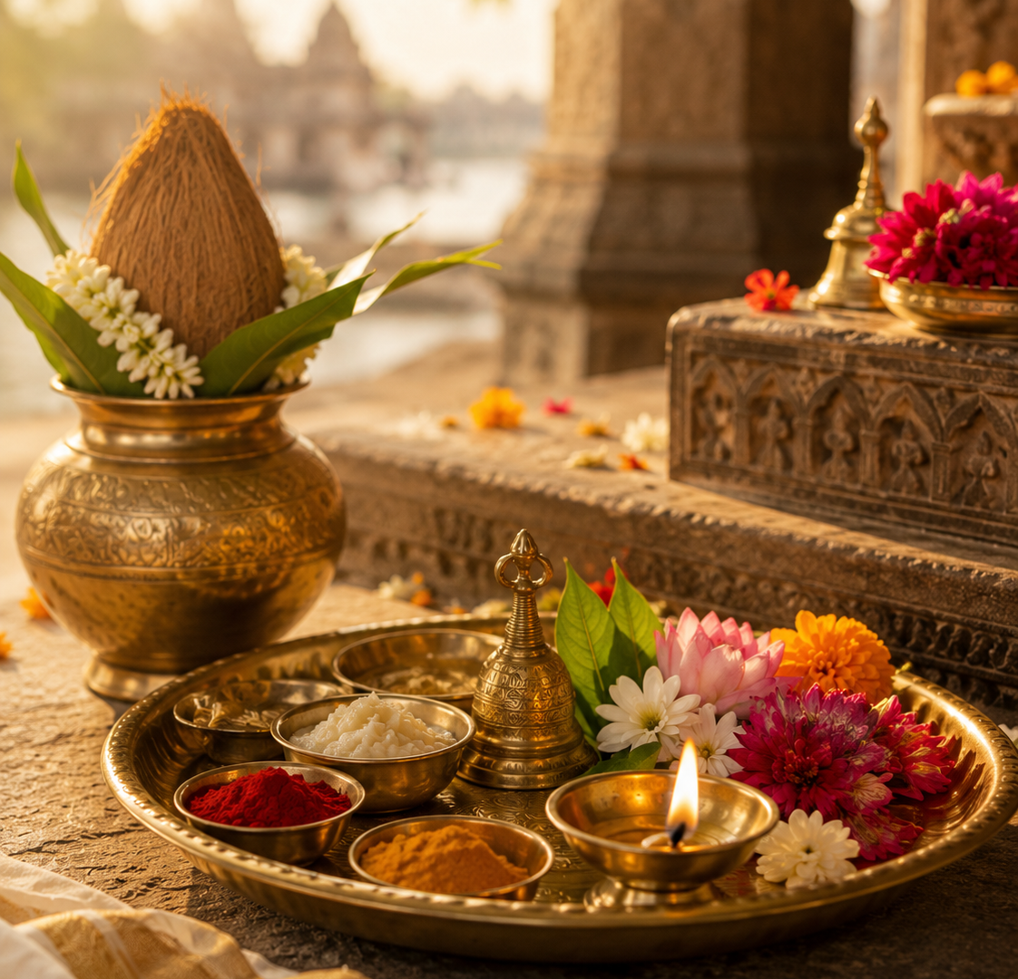 Brass puja thali with kumkum, haldi and flowers at a temple
