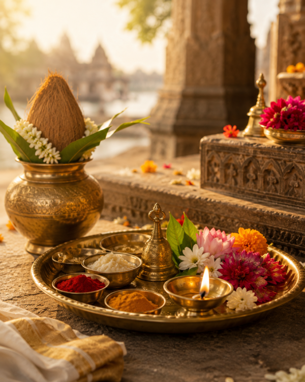 Brass puja thali with kumkum, haldi and flowers at a temple