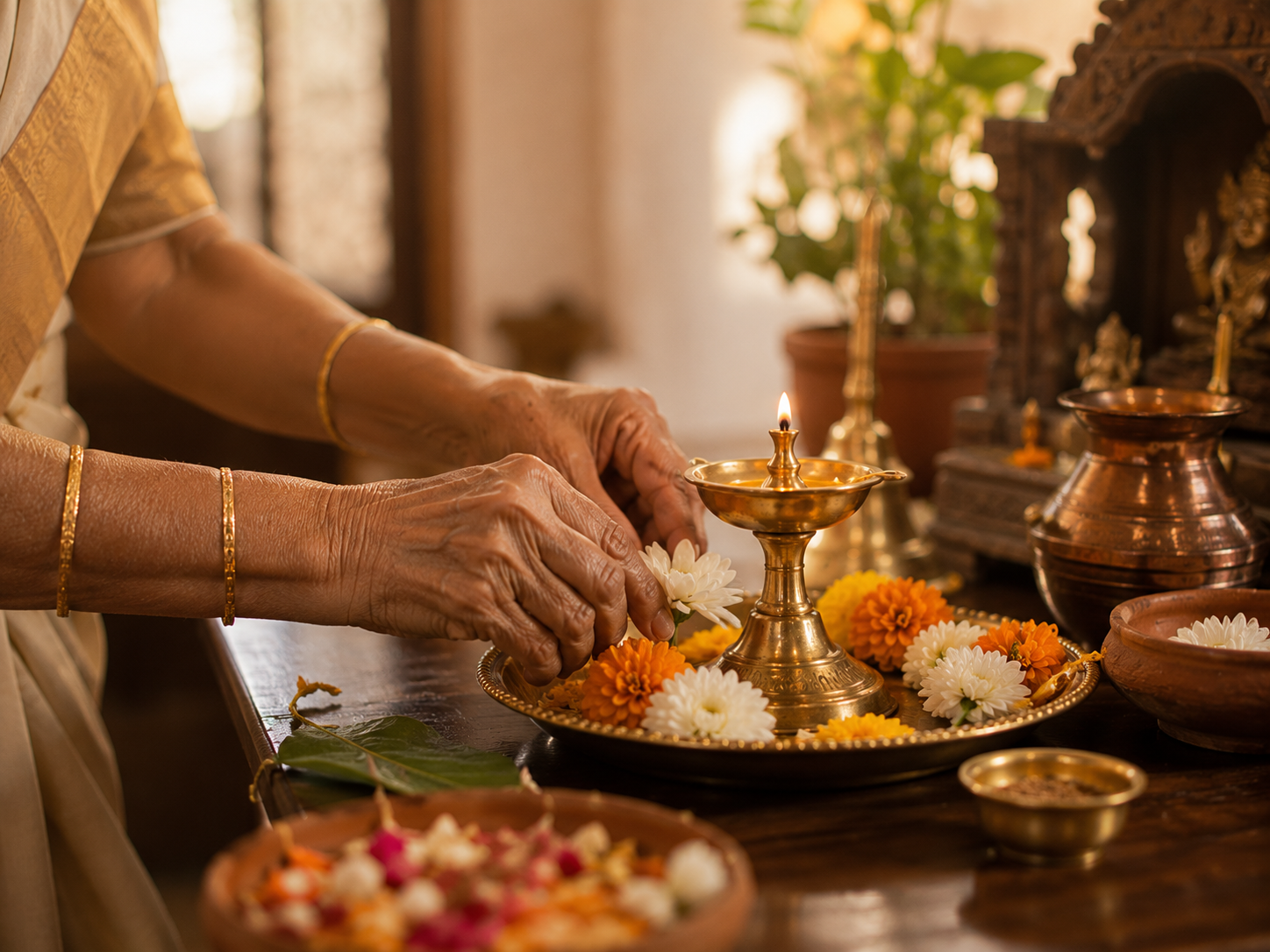 Elder hands offering flowers during puja