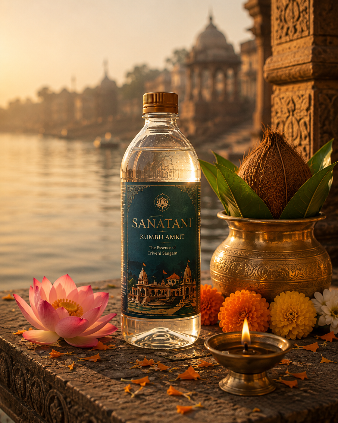 Kumbh Amrit Pavitra Godavari Jal bottle beside the Godavari ghats