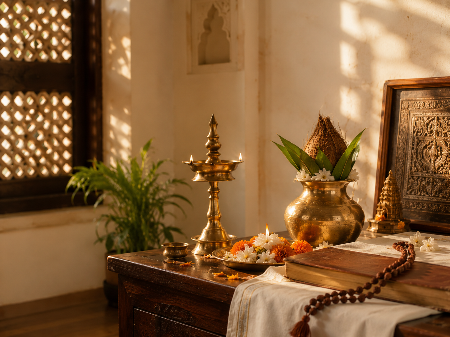 A traditional puja setup with lit diya and brass kalash