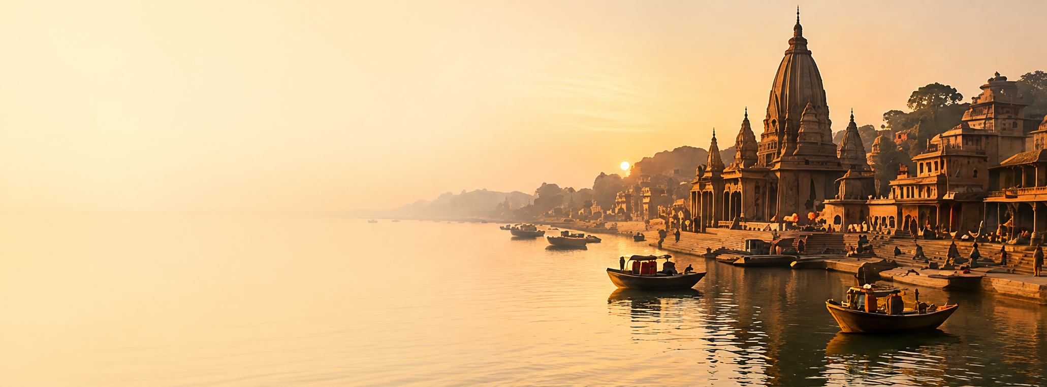 Temple ghats along the sacred river at sunrise