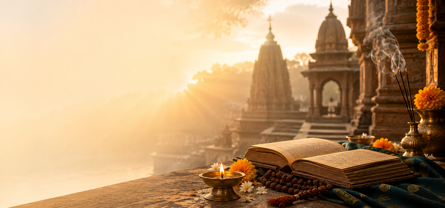 An ancient scripture open beside temple steps at sunrise